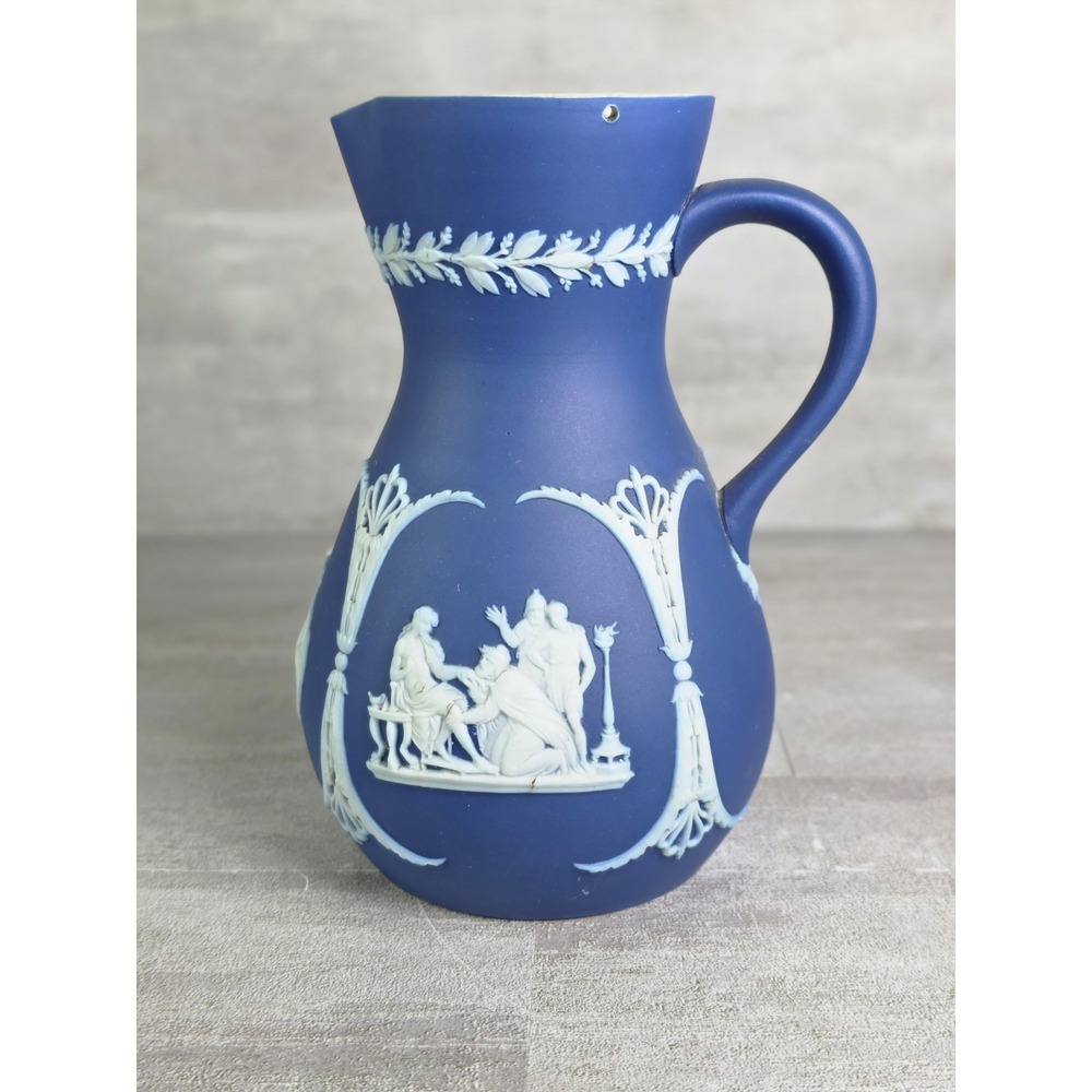 Wedgwood Antique Cobalt Blue Jasper Dip "St. James" Shaped Jug 1899 6"